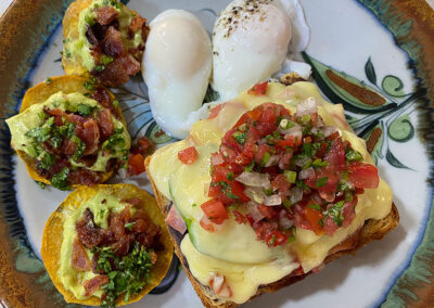 Mollete with ham, poached eggs and toasted sweet potato at zandoyo bed & breakfast in puerto escondido